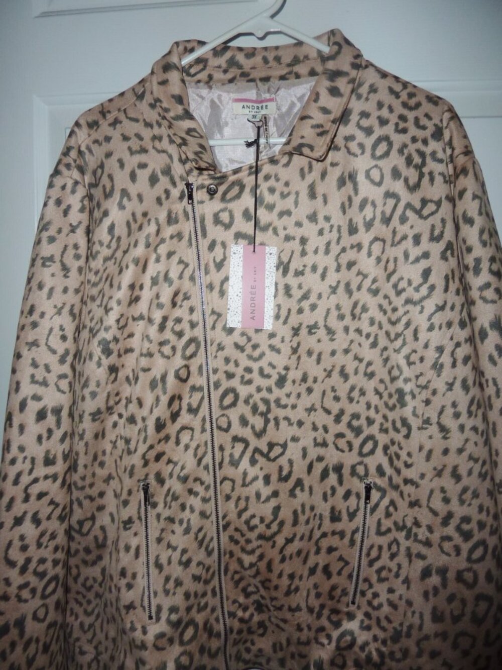 NWT Andree By Unit Leopard Print Side Zipper Lapel Collar Jacket Light Beige 3X